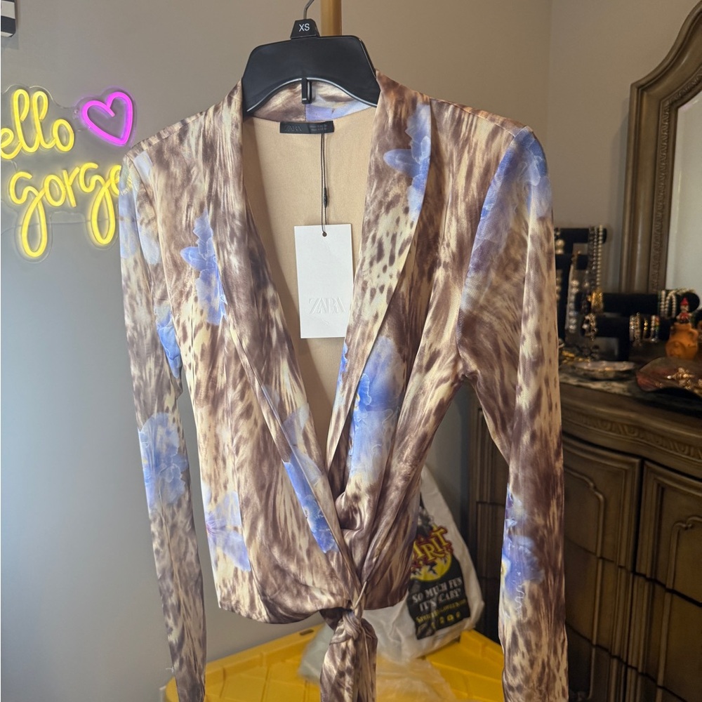 Zara Brown Animal Print Wrap around Blouse with Blue Floral Details - Picture 8 of 16